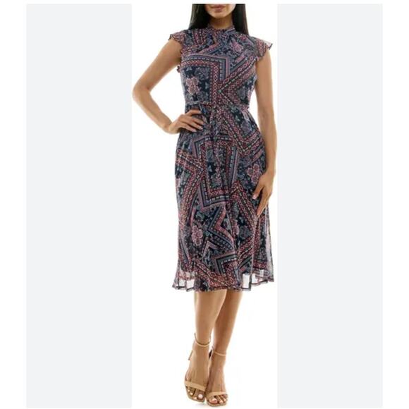 NWT Nina Leonard Mock Neck Flutter Sleeve Midi Dress Size Large - Picture 1 of 5